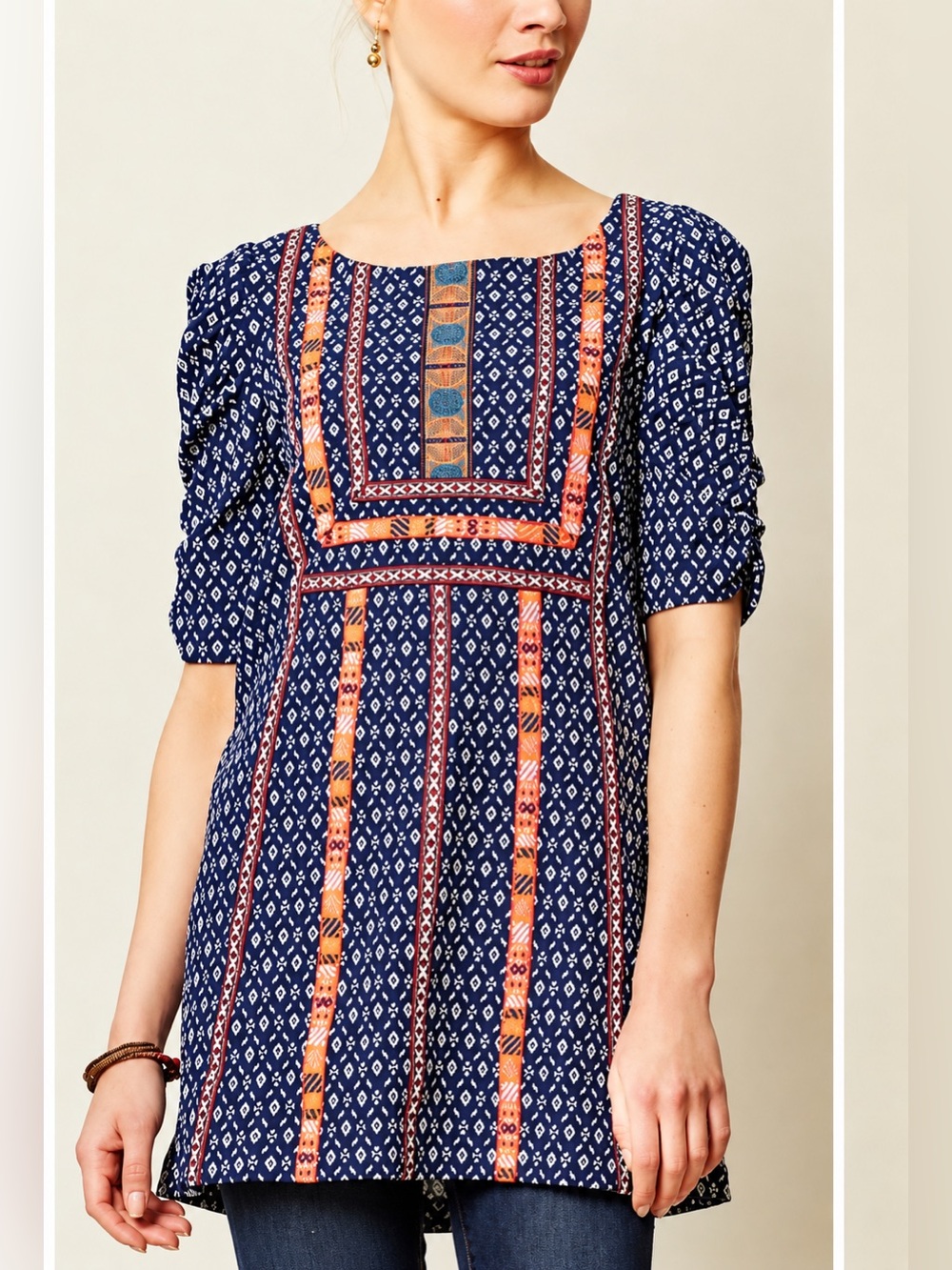 Akemi + Kin navy embroidered Seva tunic top, medium